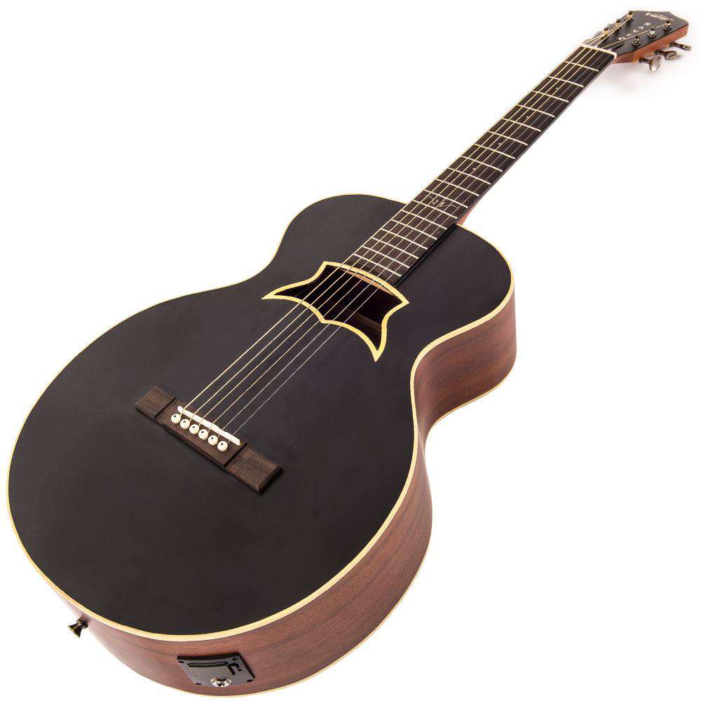 Chitarra elettroacustica vintage VRA900EA 'Raven' Paul Brett ~ Satin Black, Chitarra elettroacustica in vendita presso Richards Guitars.