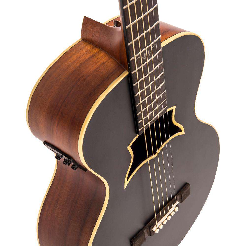 Chitarra elettroacustica vintage VRA900EA 'Raven' Paul Brett ~ Satin Black, Chitarra elettroacustica in vendita presso Richards Guitars.