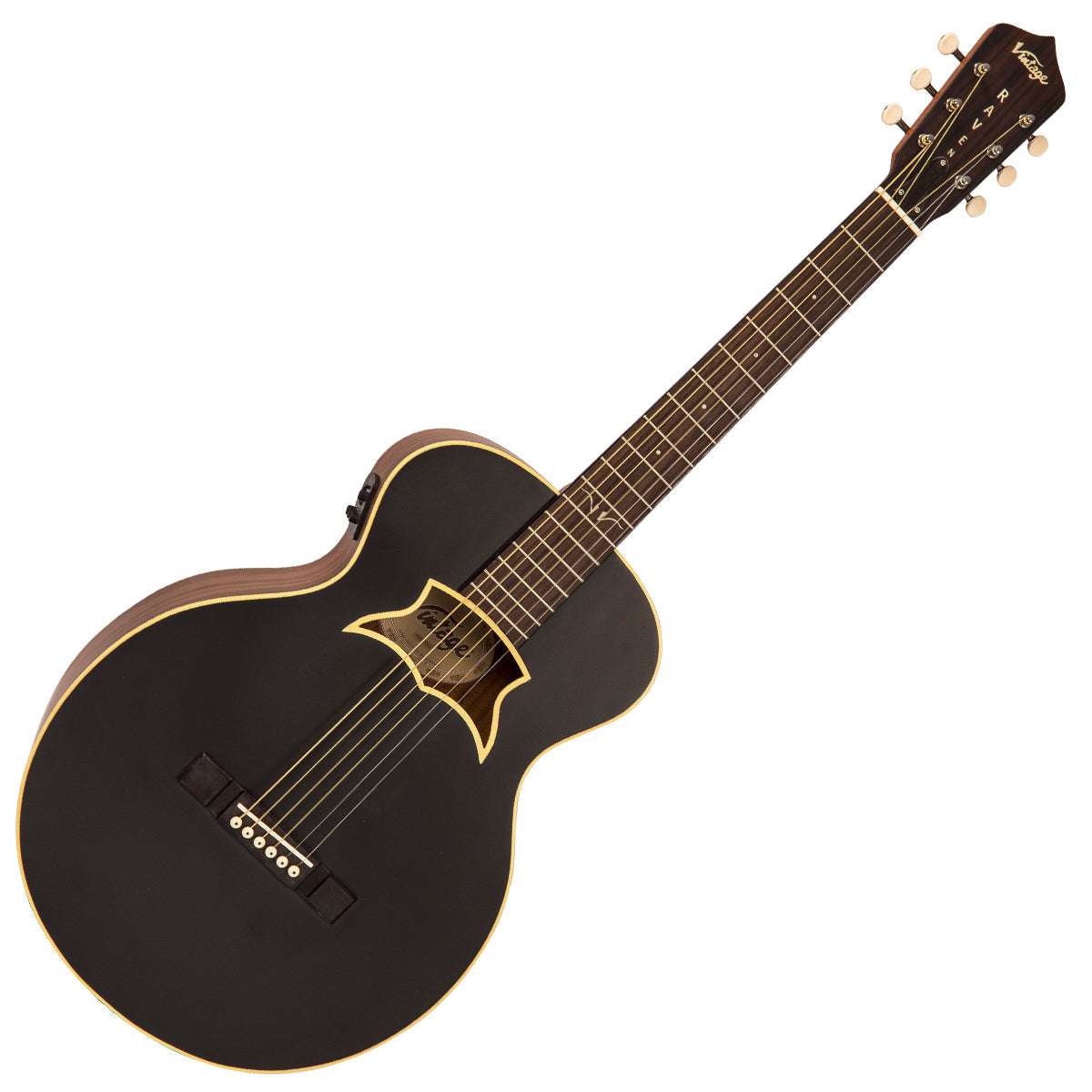 Chitarra elettroacustica vintage VRA900EA 'Raven' Paul Brett ~ Satin Black, Chitarra elettroacustica in vendita presso Richards Guitars.