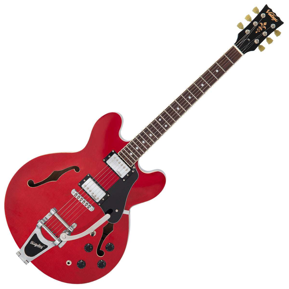Vintage VSA500B ReIssued Semi Acoustic Guitar w/Bigsby ~ Cherry Red, Chitarra elettrica in vendita presso Richards Guitars.