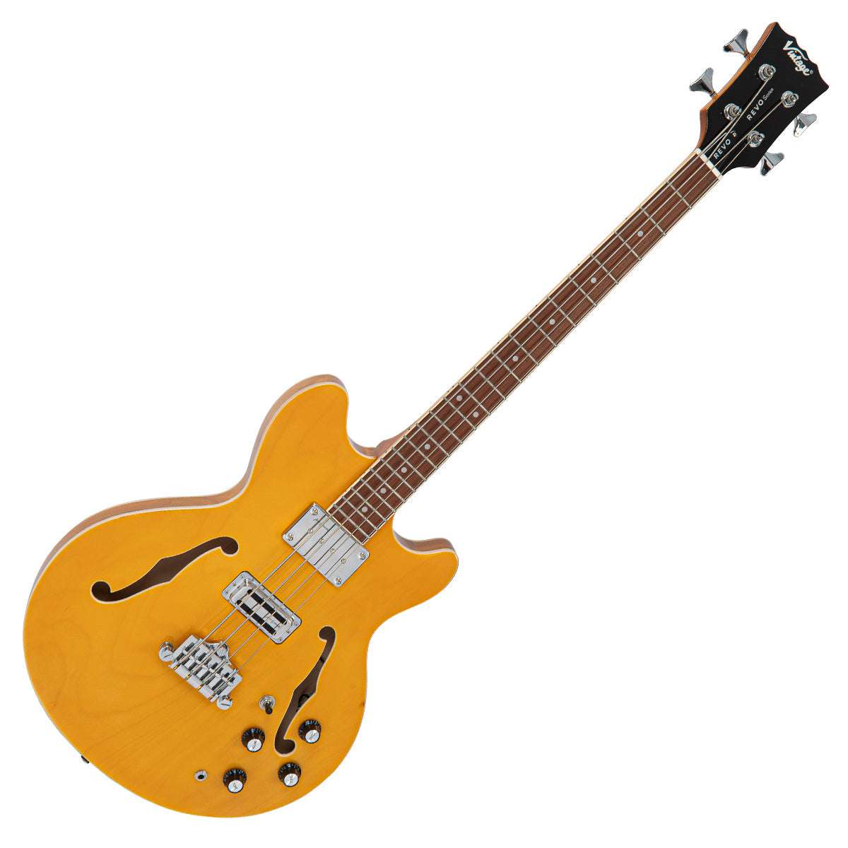 Vintage REVO Series 'Supreme' Semi Acoustic Bass ~ Natural - Richards Guitars Of Stratford Upon Avon