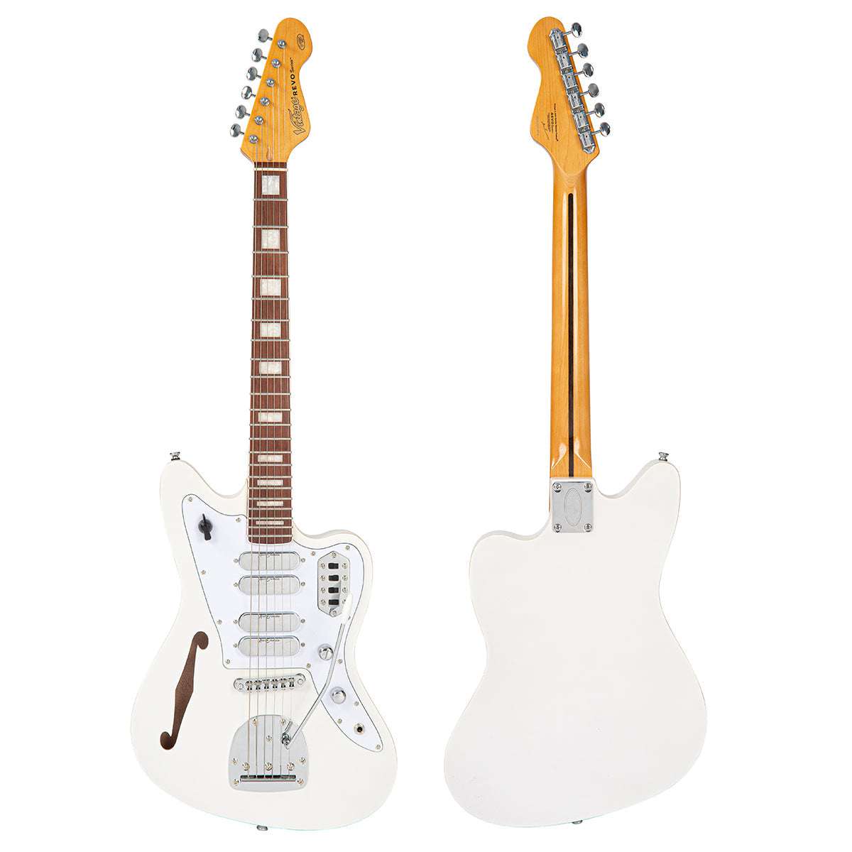 Vintage REVO Series 'Surfmaster Quad' Electric Guitar ~ Metallic White - Richards Guitars Of Stratford Upon Avon