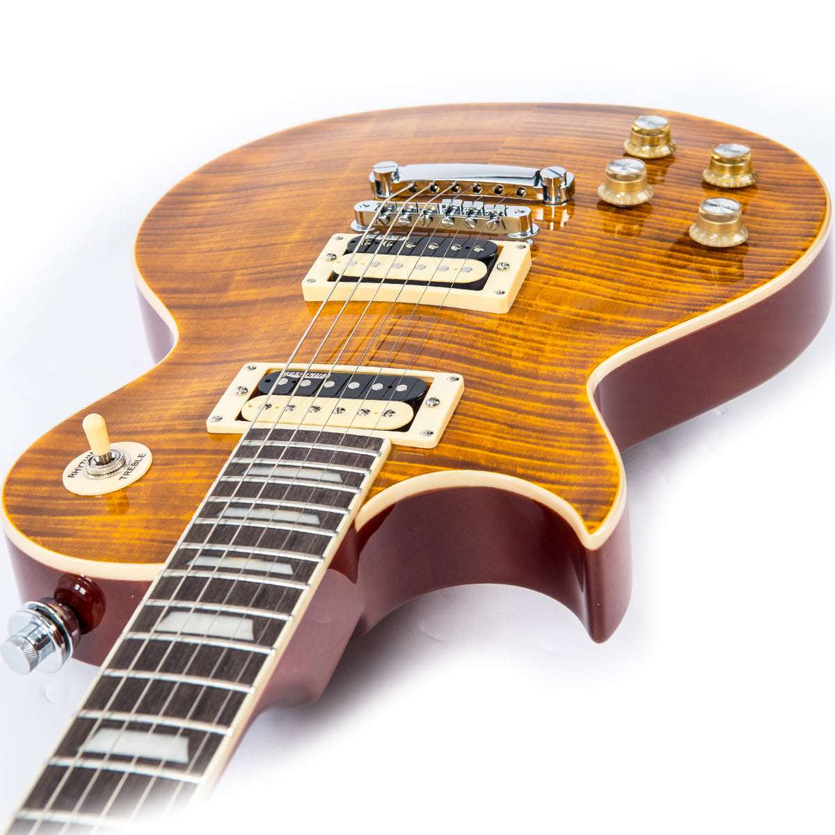 Vintage V100AFD Reissued Electric Guitar ~ Left Hand Flamed Amber - Richards Guitars Of Stratford Upon Avon