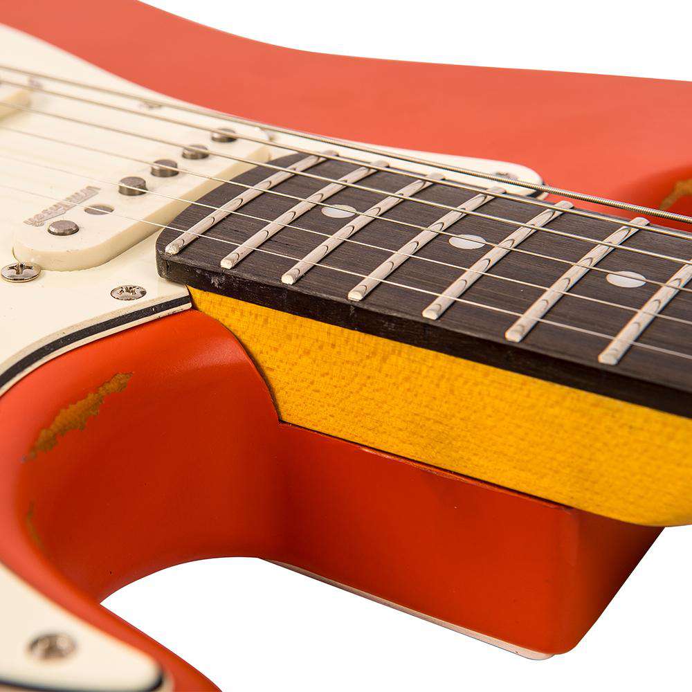 Vintage V6 ICON Electric Guitar ~ Distressed Firenza Red - Richards Guitars Of Stratford Upon Avon