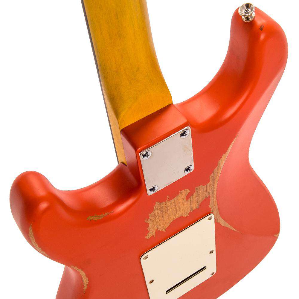 Vintage V6 ICON Electric Guitar ~ Distressed Firenza Red - Richards Guitars Of Stratford Upon Avon