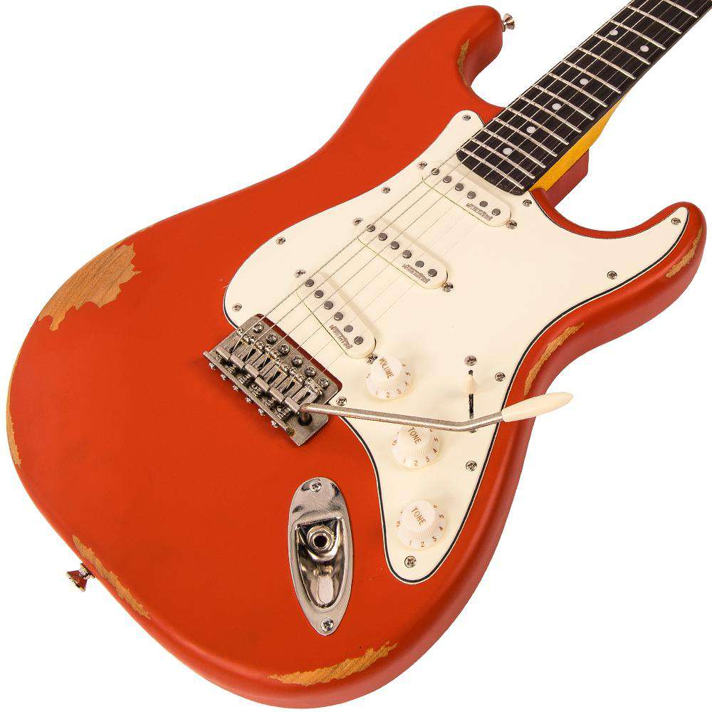 Vintage V6 ICON Electric Guitar ~ Distressed Firenza Red - Richards Guitars Of Stratford Upon Avon