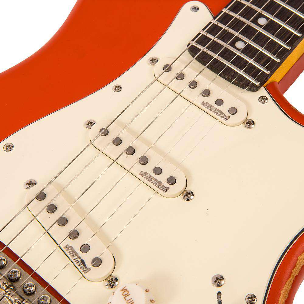 Vintage V6 ICON Electric Guitar ~ Distressed Firenza Red - Richards Guitars Of Stratford Upon Avon