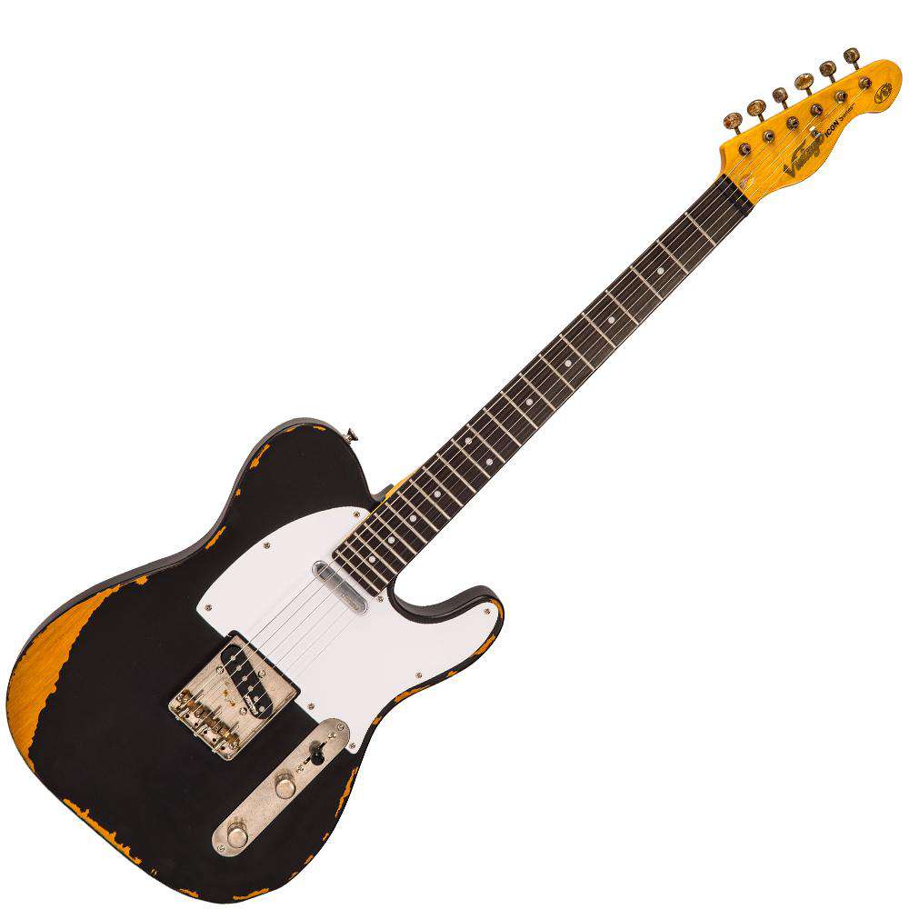 Vintage V62 ICON Electric Guitar ~ Distressed Black - Richards Guitars Of Stratford Upon Avon