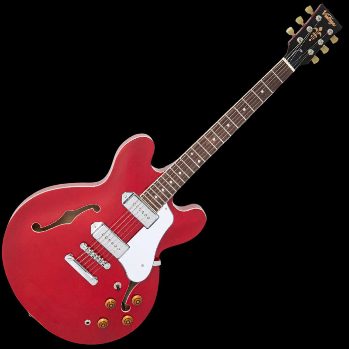 Vintage VSA500P ReIssued Semi Acoustic Guitar ~ Cherry Red - Richards Guitars Of Stratford Upon Avon