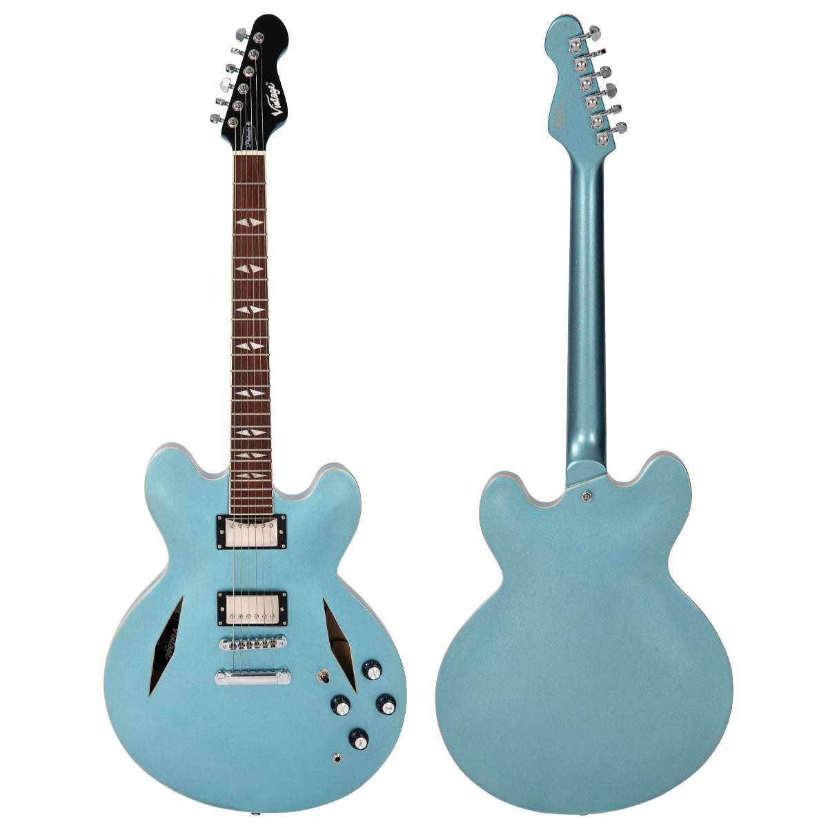 Vintage VSA550 ReIssued Semi Acoustic Guitar ~ Gun Hill Blue - Richards Guitars Of Stratford Upon Avon